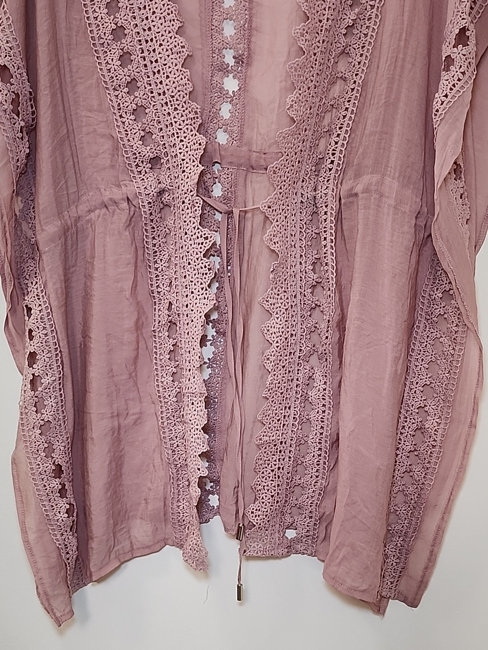 ELAN Women's Vivi crochet Cover Up tie front boho slouchy pink Mauve Lace Sz S - Picture 5 of 16